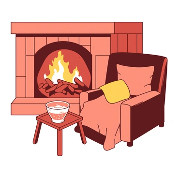 A warm room features a crackling fireplace with orange and yellow flames dancing inside. In front of the fireplace, there is a small wooden table with a clear glass filled with creamy Baileys, resting comfortably. The glass sparkles gently in the light of the fire, revealing smooth, frothy liquid inside. Soft, orange pillows are scattered on a plush armchair next to the table, inviting relaxation. The walls are lined with wooden panels, enhancing the cozy atmosphere of the space.
