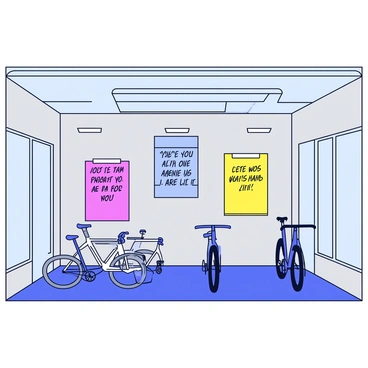 An indoor cycling studio with a wall featuring multiple inspiring quotes. The quotes are written in bold, colorful letters on a light gray background. Each quote is framed by simple, geometric shapes that add a modern touch. The studio has large windows allowing natural light to filter in, creating a vibrant atmosphere. A few exercise bikes are arranged neatly in front of the wall, ready for participants. Brightly colored motivational posters complement the quotes, enhancing the energetic vibe of the space.