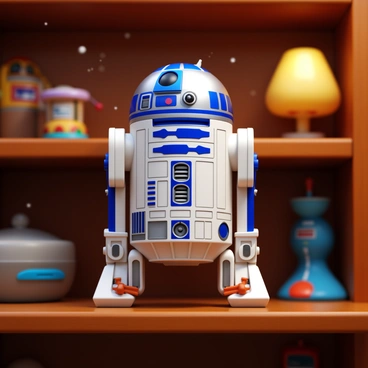 A toy replica of "R2D2" displayed on a wooden shelf. The shelf is filled with various vintage toys, adding to the nostalgic atmosphere of the old-fashioned toy store. The background features dim lighting, with soft glows from nearby lamps reflecting off the polished wooden surfaces. Dust motes drift in the air, highlighting the age of the store. "R2D2" is slightly shiny, with intricate details visible, emphasizing its playful design.