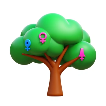 A large tree with a thick trunk and sprawling branches. Each branch features a distinct gender sign, such as the male, female, and non-binary symbols. The leaves of the tree are vibrant green, providing a lush backdrop to the symbols. The tree stands tall, representing strength and unity among the diverse gender identities. The setting is bright, emphasizing the theme of growth and inclusivity.