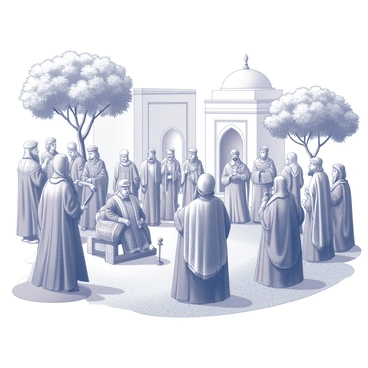 An intricate Persian miniature painting showcasing a historical scene. The composition features a large gathering of figures dressed in traditional Persian attire, with intricate patterns on their garments. In the foreground, a seated ruler is holding a royal scepter, while a group of advisors is gathered around him, engaged in conversation. The background includes ornate architectural elements with arches and domes, conveying a sense of grandeur. Trees with lush foliage surround the scene, adding a natural element to the environment. The overall artwork is rich in detail, emphasizing the cultural significance of the moment depicted.