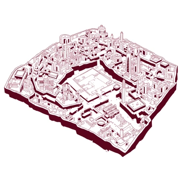A bird's eye view of Nineveh displays its intricate layout, showcasing the ancient city's architectural marvels. The city's walls enclose a series of distinct neighborhoods, each featuring unique building styles. Narrow pathways wind through the layout, connecting residential areas and marketplaces. Towering structures with detailed carvings are visible, highlighting the craftsmanship of the time. In the center, there is a large open square surrounded by various temples and public buildings, all designed with ornate features. The scene captures the essence of historical Nineveh, revealing its complexity and cultural significance.