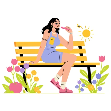 A girl with long, wavy brown hair is sitting on a wooden park bench. She is holding a pink lipstick tube and applying it to her lips. The girl is wearing a light blue summer dress. Around her, colorful blooming flowers in shades of pink, yellow, and purple create a vibrant garden atmosphere. The sun is shining brightly, casting soft shadows on the ground. A few butterflies flutter near the flowers, adding to the lively scene.