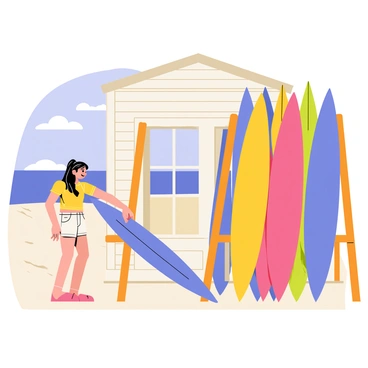 A girl with long, flowing hair is standing next to a wooden rack at a beach house, organizing several colorful surfboards. The surfboards are painted in vibrant shades of blue, pink, yellow, and green, leaning against the rack. The beach house has a light wooden exterior and large windows, letting in sunlight. In the background, there are sand dunes and the ocean visible. The girl is wearing a casual tank top and shorts, smiling as she positions a blue surfboard on the rack.