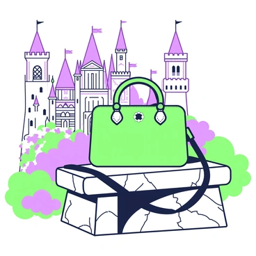 A Chanel bag is resting on a stone bench. The bag is made of luxurious materials, showcasing its distinct design and logo clearly. In the background, there is a fairytale-like castle with tall towers and intricate details. The castle's architecture features ornate windows and a grand entrance. The bench is situated in a lush garden filled with vibrant flowers. The scene is illuminated by soft sunlight, creating gentle shadows on the stone surface.