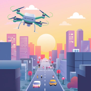 A drone with four propellers is flying above a bustling cityscape during sunset. The sky is filled with shades of orange, pink, and purple as the sun sets on the horizon. Below, the city is alive with tall skyscrapers, their windows reflecting the warm colors of the sky. Streets are filled with cars and people, creating a sense of activity. The drone is positioned at an angle, showcasing a panoramic view of the vibrant urban scene, with a few clouds scattered across the sky.