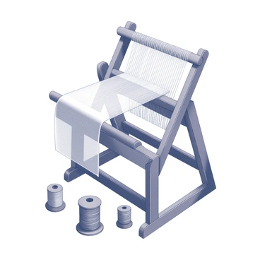 A weaving loom stands prominently in the center of the image. Various threads are being intricately woven through the loom, each thread labeled with a different community role such as "teacher," "doctor," "artist," and "engineer." The fabric being created displays a complex pattern that reflects the interconnectedness of these roles. The loom itself is made of wood, showcasing detailed craftsmanship with visible grain patterns. Several spools of thread in various textures and thicknesses are arranged nearby, adding depth to the scene.