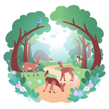 A series of illustrations capturing different wildlife along a forest trail