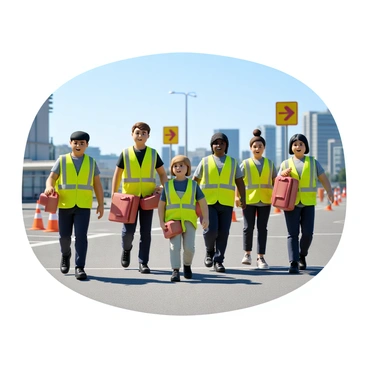 A group of six participants is engaged in an emergency evacuation drill in an urban setting. They are wearing bright yellow vests for visibility. Some participants are carrying emergency kits, while others are assisting individuals who appear to need help. The scene includes a designated evacuation route marked with directional signs and cones. In the background, there are buildings that suggest a city environment, with a clear blue sky overhead. The expressions on the participants' faces show concentration and urgency as they follow the drill instructions.