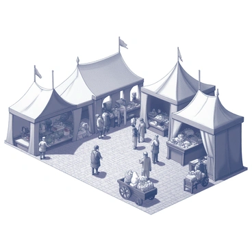 A medieval marketplace teeming with activity. Numerous tents of various shapes and sizes are set up, providing shelter for the merchants. Each tent displays an array of goods, such as spices, textiles, and handcrafted items. Merchants actively engage with customers, showcasing their wares with gestures. The cobblestone ground is bustling with people, including shoppers, children playing, and animals. Wooden carts are parked nearby, loaded with fresh produce and supplies. The atmosphere is lively, with a sense of commerce and community in the air.