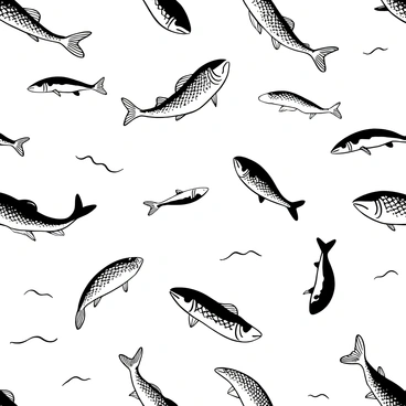 A repeating pattern featuring "mackerel" swimming gracefully, arranged in a seamless design. Each fish has detailed scales and fins, creating a sense of movement. The mackerel are oriented in various directions, with some facing left and others facing right. The background consists of subtle waves or lines suggesting water, enhancing the aquatic theme. The overall composition allows for the pattern to repeat seamlessly, making it suitable for fabric or wallpaper design.