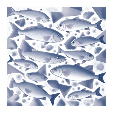 An intricate mosaic pattern composed of various types of fish. The fish are depicted in different sizes and orientations, each with distinct scales, fins, and tails. The overall design showcases a harmonious arrangement, with the fish interspersed amongst geometric shapes and flowing lines. Each fish displays unique patterns, contributing to the complexity of the mosaic. The background consists of alternating motifs that enhance the dynamic nature of the composition.