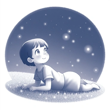 A child lying on a grassy meadow, gazing up at a starry night sky. The child has a peaceful expression, with eyes wide open, reflecting the stars above. Tiny fireflies are fluttering around, their soft glow illuminating the area nearby. The child is dressed in a simple, light-colored outfit, and there are a few wildflowers scattered around them. The overall scene conveys a sense of calmness and wonder under the vast night sky.