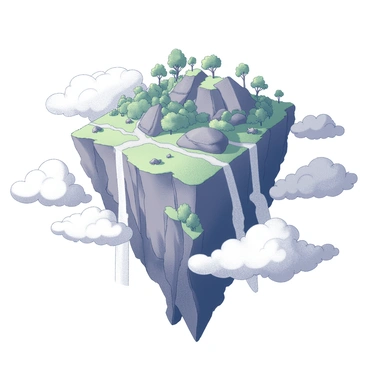 A large, elevated island is depicted, surrounded by clouds. The island is covered in dense greenery with various types of trees and plants visible. Waterfalls cascade off the edges of the island, pouring down into the air below, creating a misty effect. The rocky cliffs of the island are rugged and uneven, while small animals can be seen among the foliage. A few large boulders are scattered throughout the landscape, adding to the natural terrain in this aerial setting.