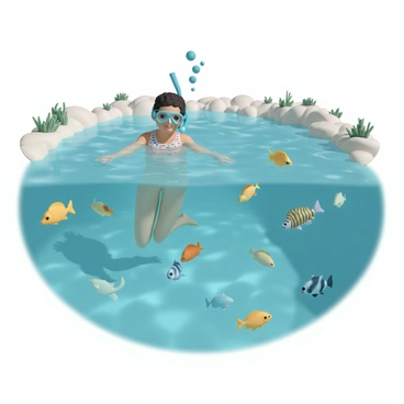 A snorkeler, wearing a bright blue snorkel and a transparent mask, is gracefully floating in a clear, sunlit rock pool. The water is a vibrant shade of turquoise, allowing for a clear view of the submerged landscape. The snorkeler's body is partially submerged, revealing a wet-suited torso with colorful patterns. Around them, a variety of curious fish of different shapes and colors swim playfully. Some fish have bright yellow scales, while others display striking orange and blue patterns. The rocky edges of the pool are covered in green seaweed, and small bubbles rise to the surface, capturing the vibrant underwater scene.