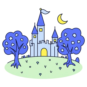 A picturesque landscape featuring a tall castle with high towers and a flag waving at the top. Surrounding the castle is an enchanted forest filled with trees that have twisted trunks and shimmering leaves. In the background, a crescent moon hangs in the night sky, casting a gentle glow over the scene. The ground is covered with soft green grass, and small flowers can be seen blooming near the base of the trees.