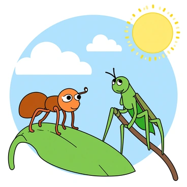 A small, cartoon-like ant with big, expressive eyes is sitting on a bright green leaf, looking dreamily into the distance. Next to the ant, a cheerful grasshopper with long legs is perched on a nearby twig, also gazing off with a smile. Above them, a few fluffy clouds float in a blue sky, and a warm sun beams down, casting playful shadows. The ant imagines a vibrant jungle filled with exotic plants and colorful flowers, while the grasshopper dreams of soaring high above a sunny meadow dotted with butterflies. Both characters have whimsical expressions, clearly lost in their adventurous imaginations.