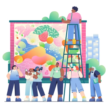 An illustration expert with light brown skin and short curly hair is standing on a tall ladder, painting a large mural on a brick city wall. The mural features vibrant colors and intricate designs, showcasing a mix of abstract patterns and nature elements. Below, a diverse group of people, including a young girl with pigtails, a man in a blue shirt, and an elderly woman with glasses, are gathered, all looking up with curiosity. Some of the spectators are taking pictures with their smartphones, while others are engaged in conversation, pointing at the mural. The scene captures an urban environment with tall buildings and greenery in the background.