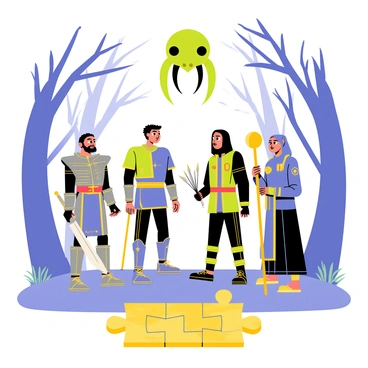 A group of four heroes stands together, displaying a variety of unique features. The first hero is a tall warrior with a shining silver sword and wearing ornate armor. The second hero is a nimble rogue, sporting a dark hood and clutching a set of throwing knives. The third hero is a wise mage, holding a staff with a glowing orb at the top, while the last hero is a healer, dressed in robes adorned with symbols of protection. Above them, a large beholder floats, its many eyestalks scanning the area. In front of the heroes lies a complex, glowing puzzle made up of interlocking pieces, emitting a soft light. The background depicts a mystical forest with ancient trees and wisps of magical energy floating in the air.