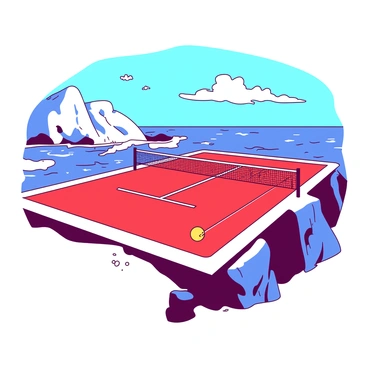 A red padel court is situated on seaside cliffs, overlooking the ocean. The court is surrounded by a white safety railing, and the net is perfectly centered. Below the cliffs, waves are crashing against the rocks, creating a white foam against the blue water. The sky is clear and bright, with a few fluffy white clouds scattered above. The scene captures the energy of the ocean and the excitement of the sport.