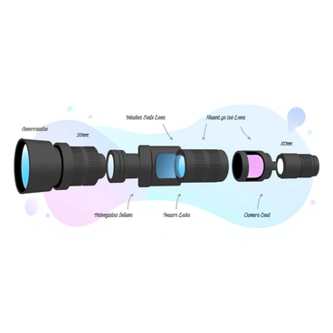 An educational diagram featuring various types of camera lenses arranged in a row. Each lens is labeled with its name, such as "Wide-Angle Lens," "Standard Lens," "Telephoto Lens," and "Macro Lens." The specific focal lengths are indicated next to each lens, detailing measurements like "24mm," "50mm," "200mm," and "100mm." A gradient of pastel colors serves as the background, enhancing the visibility of the lenses and their labels. Each lens is depicted in a realistic style, showcasing their unique shapes and features.