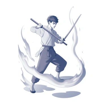 A figure of a young man with short, dark hair stands in a dynamic pose, surrounded by swirling flames. He is holding a katana with both hands, showing strength and focus as he demonstrates his sword technique. His facial expression is intense, reflecting concentration and determination. The flames dance and flicker around him, creating a dramatic atmosphere that highlights his movements. The ground beneath him is disrupted, suggesting the force of his technique.