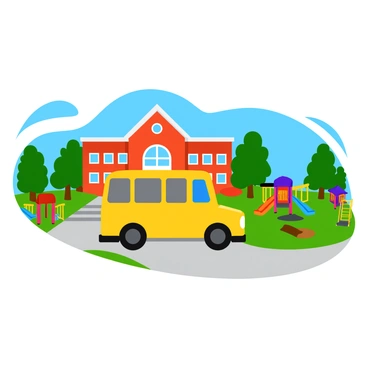 A bright yellow school bus parked in front of a large brick school building. The building features large windows and a classic triangular roof. Nearby, there is a colorful playground equipped with swings, a slide, and a sandbox. Several trees provide shade around the playground area. A clear blue sky is visible above, adding to the cheerful atmosphere.