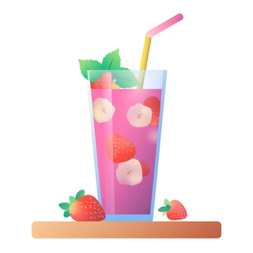 A refreshing fruit smoothie in a glass, with strawberries, bananas, and a mint garnish in vector style.
