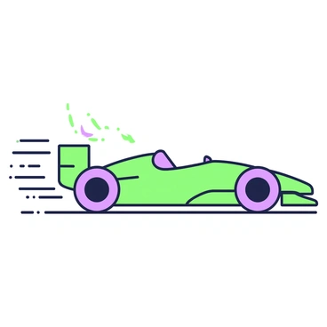 A race car is depicted in motion, showcasing its sleek, aerodynamic shape. The outline of the car is bold and distinct, with dynamic lines extending behind it to emphasize speed. The wheels are partially blurred to convey a sense of rapid movement. The car features a low profile and a prominent rear wing. Surrounding the race car are additional lines that create a sense of energy and motion, enhancing the overall dynamic atmosphere of the scene.