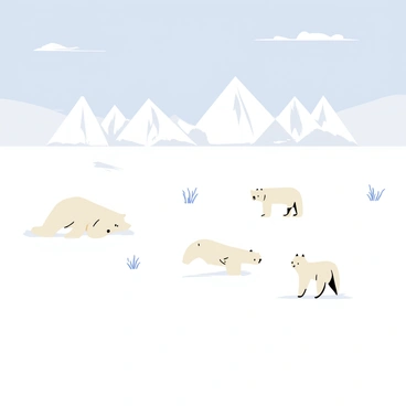 A frozen tundra landscape featuring a vast expanse of white snow-covered ground. The sky is a light blue with a few wispy clouds scattered across it. A group of polar bears can be seen in the foreground, with one bear playfully rolling in the snow. In the background, a pair of arctic foxes is cautiously exploring the terrain, their thick white fur blending with the surroundings. A few snow-covered shrubs dot the landscape, adding contrast to the flat scenery. In the distance, icy mountains rise against the horizon.