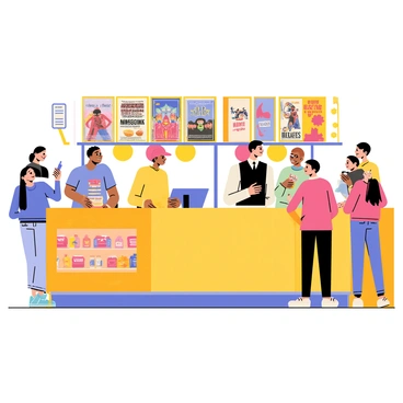A busy theater ticket counter with a wide wooden counter and a glass display showcasing various snacks. Behind the counter, colorful movie posters are displayed, featuring bold titles and vibrant images of characters. A ticket seller wearing a black vest is engaged with a customer at the counter. The scene includes a line of eager customers waiting to buy tickets, all looking at the posters. Bright lights illuminate the area, adding to the lively atmosphere of the theater.
