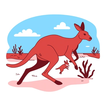 A red kangaroo is hopping across the sandy terrain of the Australian outback. Its strong legs are extended mid-jump, showcasing its powerful muscles. Attached to the kangaroo's front is a small joey peeking out from the pouch, with its ears perked up and curious eyes looking around. In the background, sparse shrubs dot the landscape under a bright blue sky with a few fluffy white clouds. The sun casts shadows on the ground, emphasizing the contours of the kangaroo's body as it moves gracefully through its natural habitat.