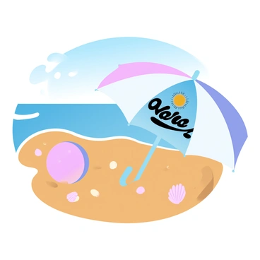 A beach scene with an umbrella featuring a 'We're Hiring' logo next to a beach ball