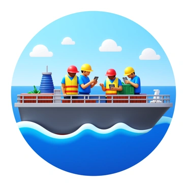 A large cargo ship navigating through ocean waves. Several crew members are positioned on the deck, wearing safety vests and helmets. They are examining cargo containers, checking securing straps, and using handheld devices. The ship's railing is visible along the sides, with a bright blue sky overhead and scattered clouds. The ocean is a rich, deep blue, contrasting with the ship's metallic structure.