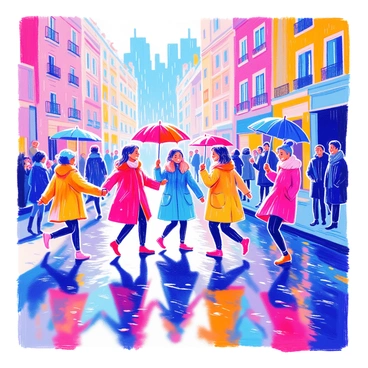 A group of people is dancing joyfully in the rain on a city street. They are wearing colorful raincoats and holding umbrellas. Some individuals are twirling, while others are jumping with excitement. Puddles on the ground reflect their vibrant attire and the surrounding buildings. Raindrops create ripples in the puddles as they fall. In the background, blurred outlines of tall city buildings add depth to the scene. A few bystanders watch with smiles, enjoying the lively atmosphere.