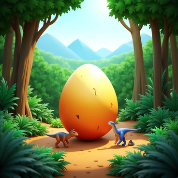 A dinosaur egg in the process of hatching, with cracks appearing on its surface. Surrounding the egg, a lush prehistoric jungle filled with dense, vibrant green foliage and towering trees. The ground is covered with ferns and small plants, and distant mountains can be seen through the trees. Sunlight filters through the leaves, casting dappled shadows on the ground. A few small, curious dinosaurs can be seen peeking at the egg, their colors contrasting with the greenery.