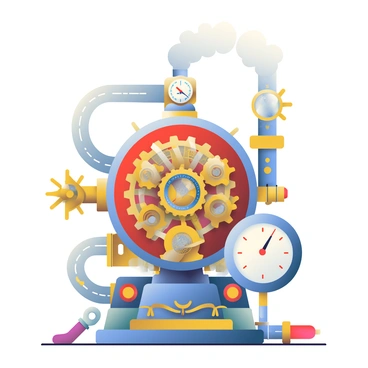 An elaborate steampunk machine is prominently displayed in the center of the image. It features a complex array of interlocking gears made of brass and copper, each gear intricately designed with ornate patterns. Steam pipes, some coiled and others straight, extend from the machine, exuding wisps of steam that float upwards. The machine's body is adorned with rivets and vintage gauges that show various measurements. To the side, a large pressure gauge with a glass face is prominently featured, with a needle indicating high pressure. Surrounding the machine, there are scattered tools and mechanical components, adding to the industrial atmosphere.
