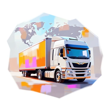 A logo design featuring a transport truck prominently positioned in the foreground. The truck is detailed and has a sleek, modern look with visible features such as wheels and headlights. In the background, multiple world maps and globes are layered, displaying various continents and oceans. The maps are in different colors, creating a vibrant backdrop that emphasizes global transport. The overall composition balances the truck and the world imagery, highlighting the theme of international logistics and transportation.