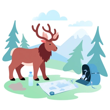An elk is standing on a grassy patch, intently looking at a folded map laid out in front of it. The elk has a majestic set of antlers and a rich brown coat that blends with the natural surroundings. Nearby, a backpack is resting on the ground, partially open, with a water bottle and some gear peeking out. In the background, tall evergreen trees rise towards a clear blue sky, while a distant mountain range can be seen under a soft gradient of pastel colors. A compass lies next to the map, suggesting the elk is strategizing its route for the adventure ahead.