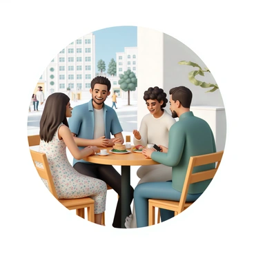A group of four friends sitting at a round wooden table in a bright café setting. The first friend, a woman with long brown hair wearing a floral dress, is laughing and holding a cup of coffee. The second friend, a man with short black hair and a blue shirt, is leaning slightly forward, animatedly sharing a story. The third friend, a woman with short curly hair in a light sweater, is reaching for a plate of pancakes, while the fourth friend, a man with a beard in a casual green jacket, is checking his phone. In the background, there are people walking by, tall buildings, and greenery from nearby trees, contributing to the lively atmosphere of the city.