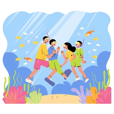 A family snorkeling in clear blue waters, wearing bright snorkeling gear. The parents and two children are surrounded by vibrant schools of fish in various colors swimming around them. Coral reefs with intricate shapes and a variety of hues are visible beneath the surface. Sunlight filters through the water, creating shimmering patterns on the sandy seabed.