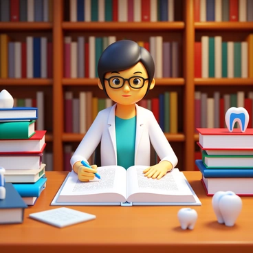 A dental student wearing a white lab coat is sitting at a wooden study table in a library. The student has short black hair and is wearing glasses. They are focused on a large textbook titled "Dental Anatomy" opened in front of them. Surrounding the student are stacks of books and notebooks, with some dental models displayed on the table. The library has tall shelves filled with books in the background and soft, warm lighting illuminating the study area. The student's expression shows concentration and determination as they take notes on a pad of paper.