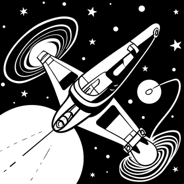 A detailed spaceship with sleek design, traveling through a vast galaxy. Surrounding the spaceship are various swirling nebulae, with intricate patterns and shapes, creating a sense of movement. Stars twinkle in the background, adding depth to the scene. The spaceship emits a trail of light as it navigates through the cosmic expanse.