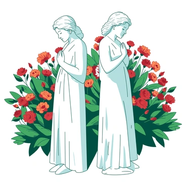 A lush garden filled with blooming flowers of various colors surrounds two identical white statues standing gracefully. The statues are positioned back-to-back, each adorned with intricate detailing on their surfaces. Vibrant petals in shades of red and orange create a stunning contrast with the white statues, while green leaves provide a rich backdrop. The sunlight filters through the foliage, casting soft shadows on the ground, enhancing the serene beauty of the scene.