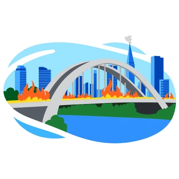 A modern city bridge set against a skyline of high-rise buildings, partially engulfed in flames