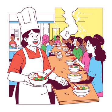 A cheerful chef wearing a white apron and a tall chef's hat is serving steaming bowls of colorful vegetable soup to a line of eagerly waiting people in a community kitchen. The kitchen is filled with bright utensils and ingredients, creating a warm and inviting atmosphere. The chef is smiling as they ladle the soup with a wooden spoon, showcasing the vibrant colors of the ingredients. In the background, there are more chefs preparing food and volunteers assisting with serving at the long wooden tables, enhancing the sense of community and teamwork.