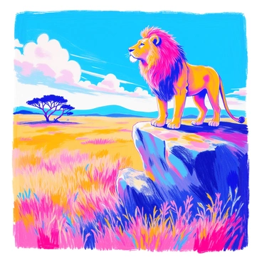 A regal lion with a thick mane stands proudly on a large rock formation. The lion's fur is a deep golden color, contrasting with the rugged gray of the rock. Below, a golden savannah stretches out, filled with tall grasses swaying gently in the breeze. The sky above is a brilliant blue, dotted with a few fluffy white clouds. In the distance, acacia trees are silhouetted against the horizon, adding to the vast landscape. The lion gazes intently into the distance, embodying strength and majesty.