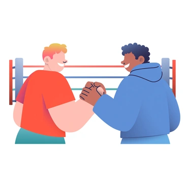 Two friends are standing facing each other, each with a big smile on their faces. One friend has light brown hair and is wearing a red t-shirt, while the other friend has dark curly hair and is dressed in a blue hoodie. They are shaking hands with their right hands, affirming a friendly boxing bet between them. Behind them, a boxing ring is faintly visible, with a red and blue corner. The atmosphere is vibrant, filled with excitement and camaraderie.