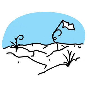 A barren landscape with dry, cracked earth stretches across the image. In the foreground, several plants are depicted, each uniquely shaped due to constant wind exposure. One plant has a twisted, spiral form, while another is bent at an angle, resembling a flag. The leaves of the plants appear rugged and tattered, showcasing their struggle against the wind. The background features a clear blue sky, enhancing the starkness of the environment.