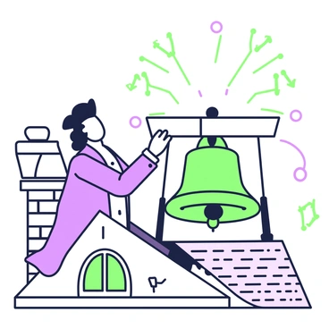 A man identified as "Benjamin Franklin" is seen on the roof of a building, carefully installing a "lightning rod" to protect the structure from electrical strikes. He is wearing period-appropriate clothing, consisting of a long coat and a tricorn hat. His focus is on securing the "lightning rod" into place, while a "ringing bell" stands prominently nearby, mounted on a wooden structure. The bell is large and round, with visible clappers inside, and appears to be actively ringing, sending ripples through the air. The building features brick walls and a chimney, adding to the historical context of the scene.